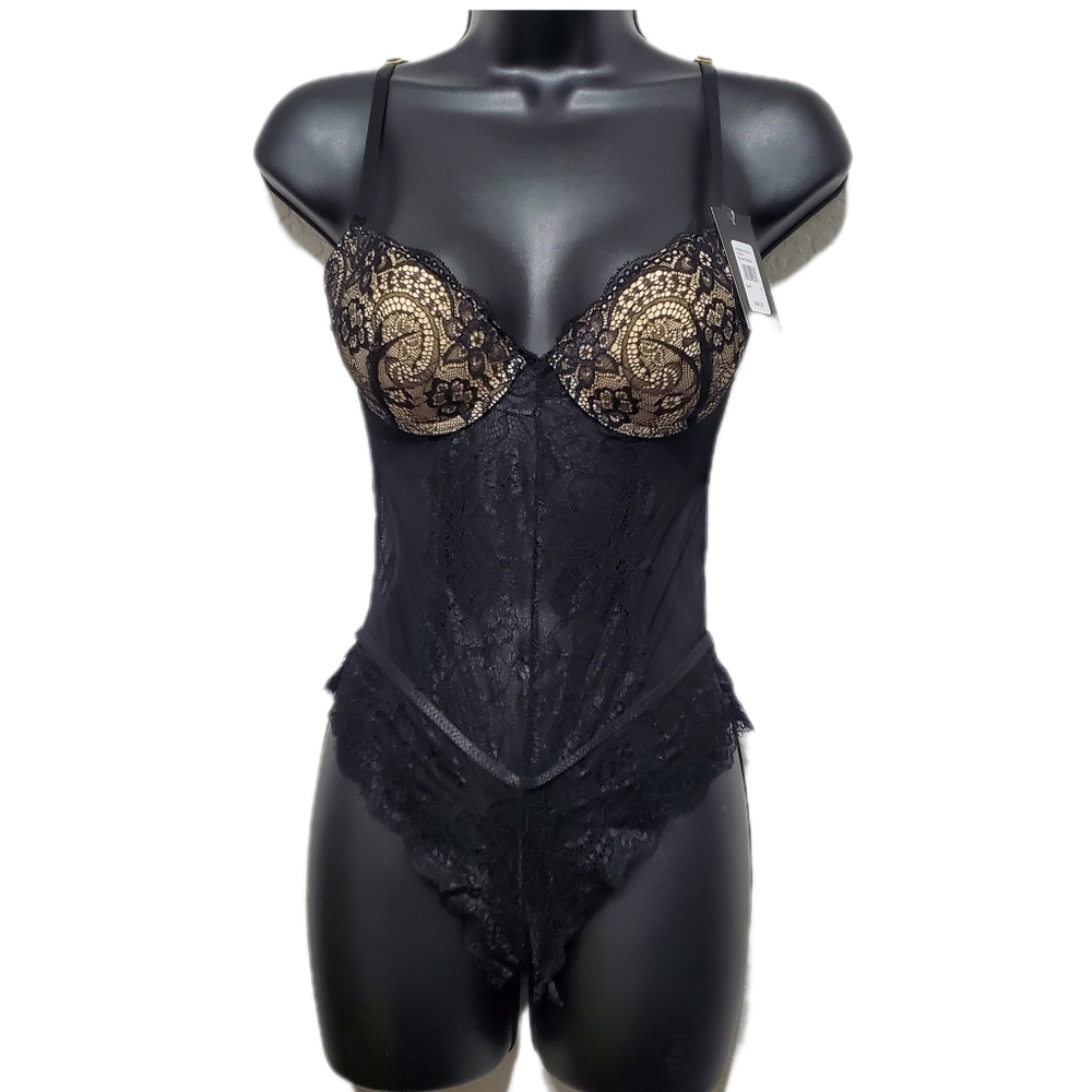 2/$30 Hannah Belle Black Satin & Lace Teddy Lingerie Womens Size Small